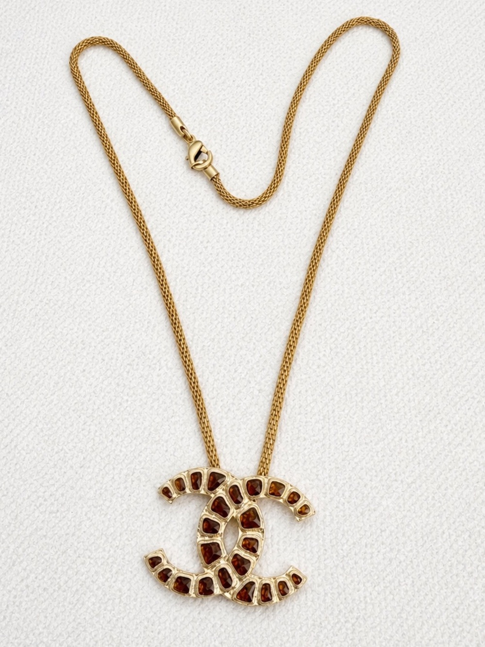 Chanel Gold-Tone CC Pendant Necklace with Brown Stones